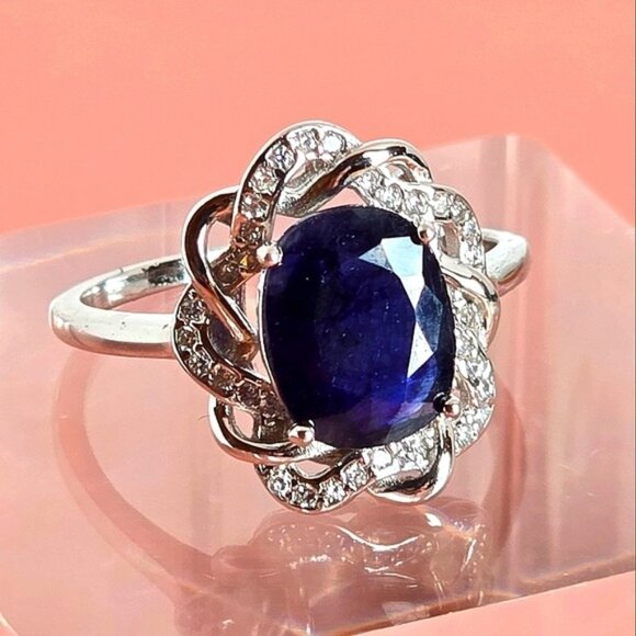 925 Sterling Silver Ring Sz 7.5 with Natural 8x10mm Sapphire Gemstone &  CZ - Picture 1 of 8